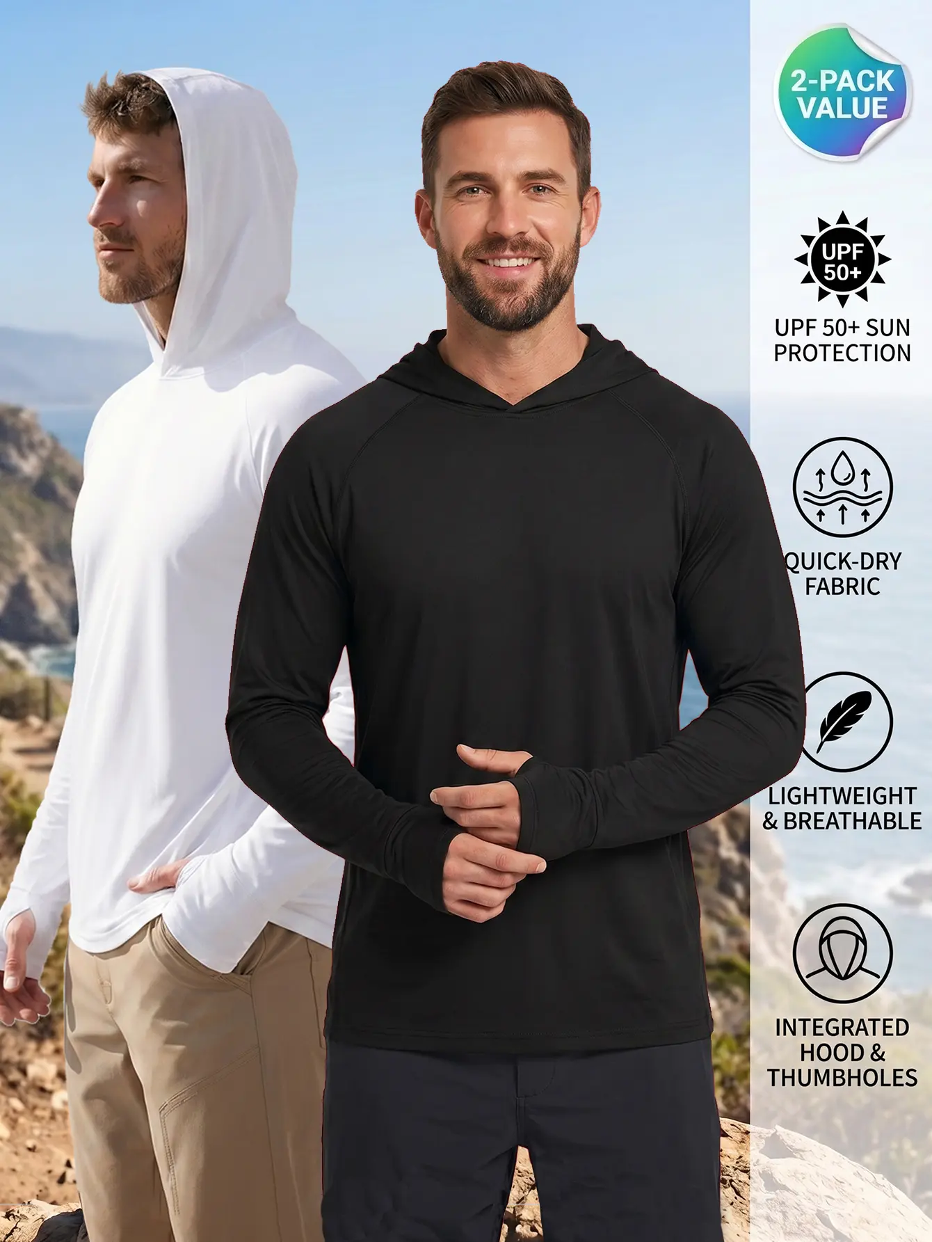2-Pack Men's UPF 50+ Sun Protection Hoodies Long Sleeve Sun Shirt Quick-Dry Lightweight Fishing Hiking Performance Workout Tops with Thumbholes
