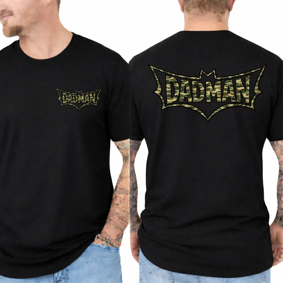 Dadman Camo T-Shirt - Bold DADMAN Lettering With Camouflage Fill Inside Winged Badge Graphic , Matching Front Chest And Large Back Print , Men's Fatherhood Tee , Outdoor Casual Shirt , Father's Day Shirt For Dads , Husbands And New Fathers Fabric Top