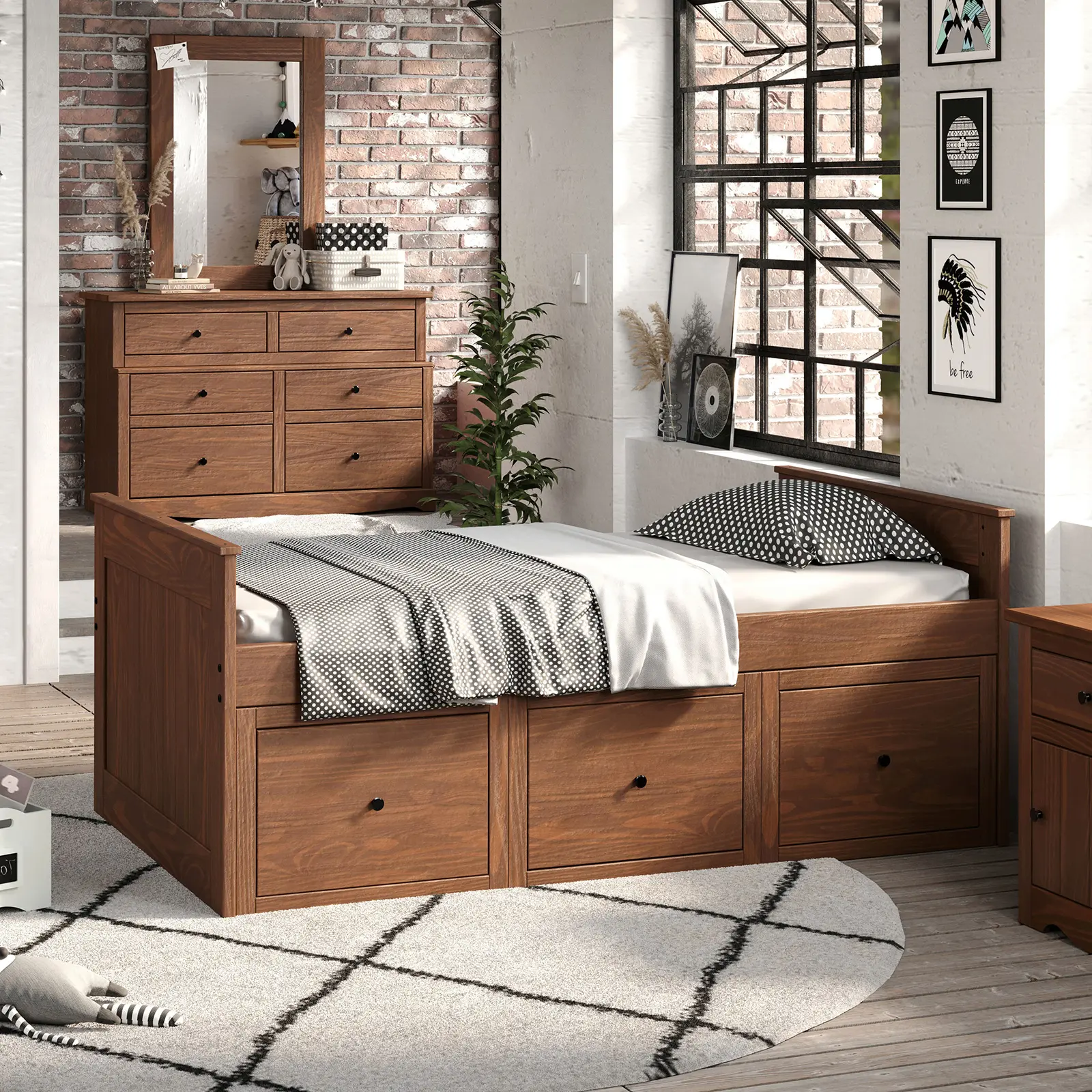MARINOS Rustic Twin Captain Bed with Underbed Drawers
