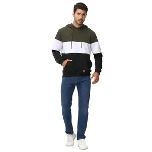 Men's Sweatshirts Long Sleeve Pullover Patchwork Plaid Jacquard Hoodie Casual Drawstring Hoody Top Breathable Sportswear with Kangaroo Pocket & Adjustable Drawstring