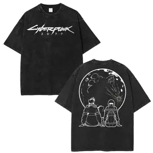 Cyberpunk Edgerunners 2077 Double‑Print Vintage Washed T‑Shirt, Anime OOTD show Sci‑Fi Game Oversized Graphic Tee, Retro Streetwear Pure Cotton Casual Top, Unisex Short Sleeve Apparel for Men Women Game Fans