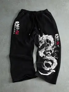 Men's Tokyo Dragon Japanese Ink Wash Graphic Printed Sweatpants, Vintage Distressed Drawstring Straight Leg Streetwear Fashion Pants, Casual Lounge Pants, Casual Daily Wear