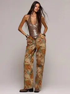 Peacock Print Lace Up Straight Leg Printed Jeans Cool Girl Streetstyle Going Out Fall Autumn Winter Summer