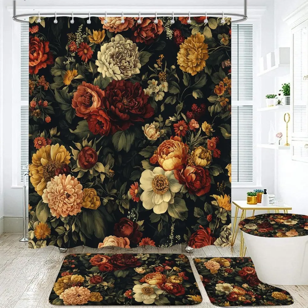 Oil painting style floral pattern design, 4-piece shower curtain set, Bathroom supplies, bathroom decoration accessories, with carpet (bath mat, toilet lid) and 12 durable hooks, non slip floor mat, waterproof shower curtain, polyester fiber