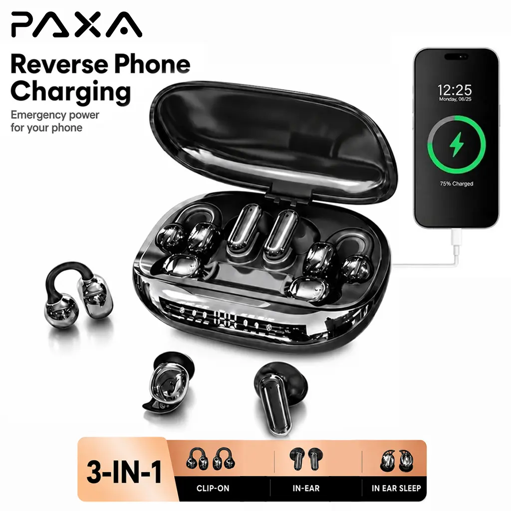 PAXA GT699S 3-in-1 Wireless Earbuds with Power Bank Charging Case, Includes In-Ear, Clip-On & Sleep Earbuds, Reverse Phone Charging, Bluetooth 6.0, Long Battery Life, Stereo Sound, Earphones for Sports, Sleep & Daily Use, Compatible with Android & iOS