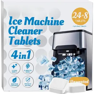 Ice Machine Cleaner Tablets Descaler (32 Pack) - Nickel-Safe Countertop Portable Commercial Ice Maker Cleaning - Remove Hard Water Buildup, Odor-Free,  Clear Ice