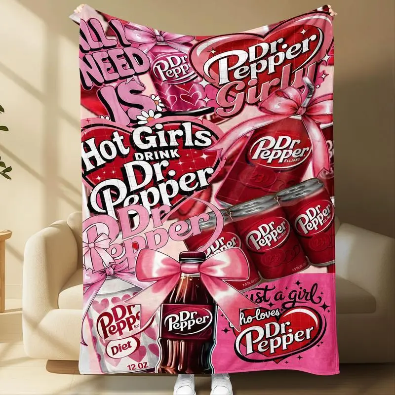 Dr Pepper Flannel Throw Blanket - Pink Aesthetic Slogan Collage, Lightweight Flannel, Soft Fluffy Fleece, Ultra Warm Cozy, Teen Girl Gifts, GF Gift for Women’s Couch Bed Decor