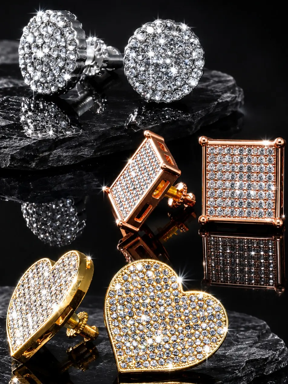 14K Gold, 925 Silver & Rose-Gold Plated Screw-Back Stud Earrings, Diamond Simulated, Heart, Table Corner, Floral Flower, Hypoallergenic Luxury Costume Jewelry Perfect Birthday Mother’s Day Christmas Gift, Men's Accessories, Father's Day Gifts, Elegant Set