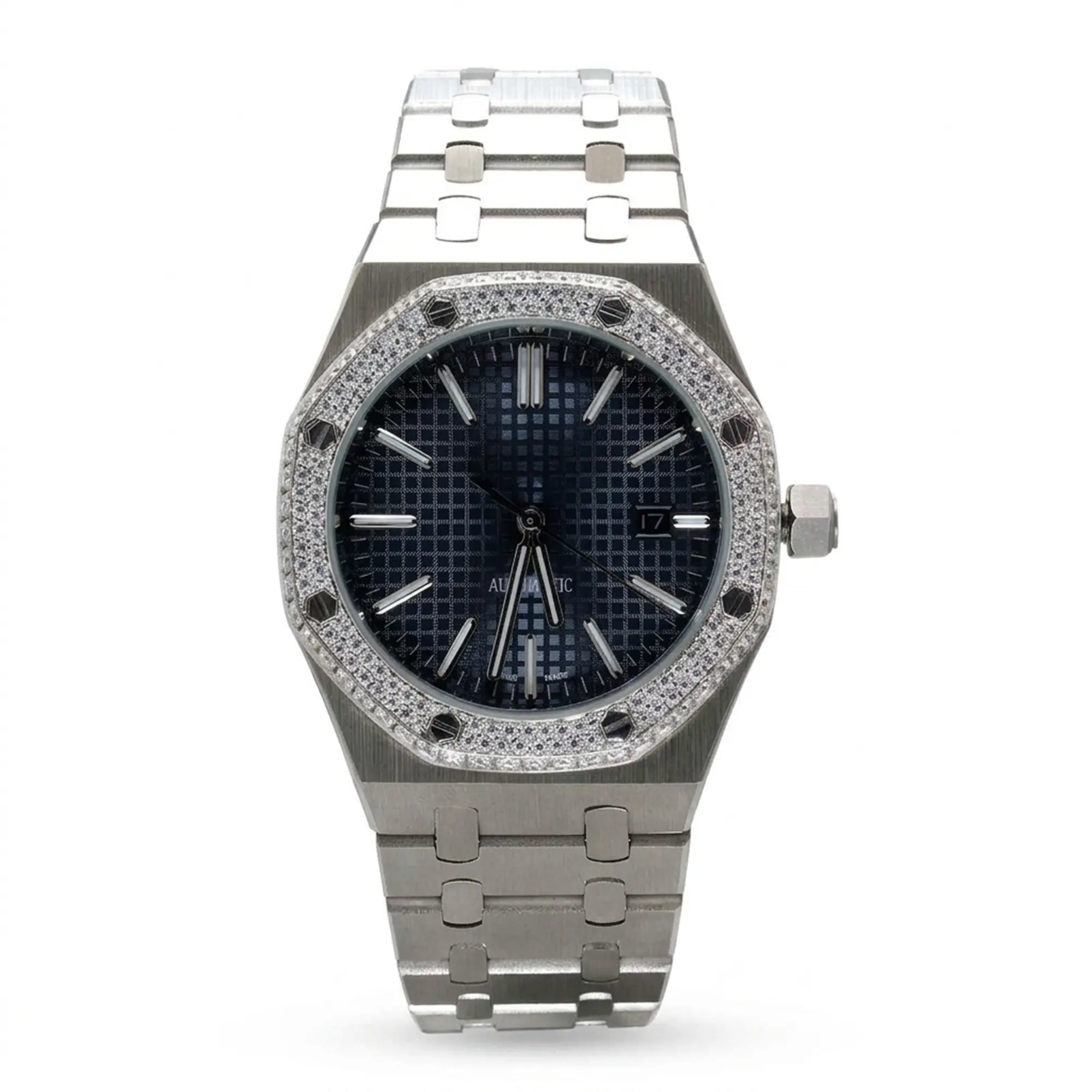 Men's Luxury Hip Hop Automatic Mechanical Male Watch - 41mm, 3.36ct Pave Moissanite Crystal Bezel, Blue Grid Dial, Stainless Steel Bracelet, Baton Hour Markers, Exhibition Case Back, Party Wear, Stainless Steel Jewelry