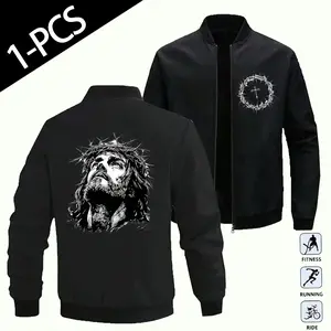 Mens Black Zip Up Outerwear Jesus Christ Crown Of Thorns Cross Print Casual Christian Faith Streetwear Coat