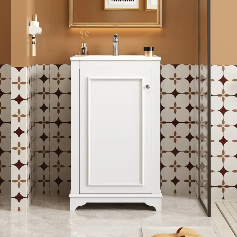20-inch Bathroom Vanity with Ceramic Sink, Freetanding Single Vanity Set with Soft Closing Door, adjustable shelf, Modern Style, White.