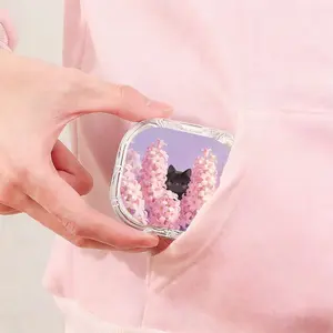 Pink Hyacinth Flower Black Cat Printed Retainer Box, Hot Sale Denture Storage Box, Full Scene Universal Orthodontic Retainer Box, Large Capacity Moisture Proof Drop Resistant Storage Box