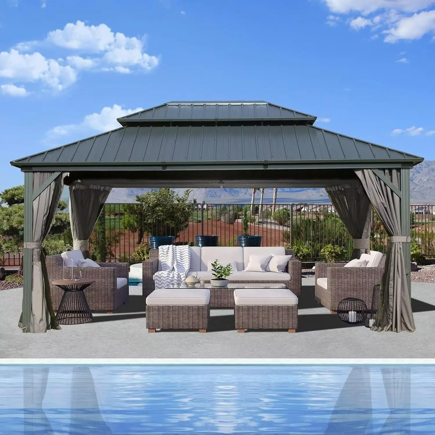 Domi 12'x14' Hardtop Gazebo Canopy Metal,Outdoor Aluminum Gazebo with Galvanized Steel Double Roof,Curtain and Netting,Permanent Gazebo Pavilion for Patio Deck,Backyard