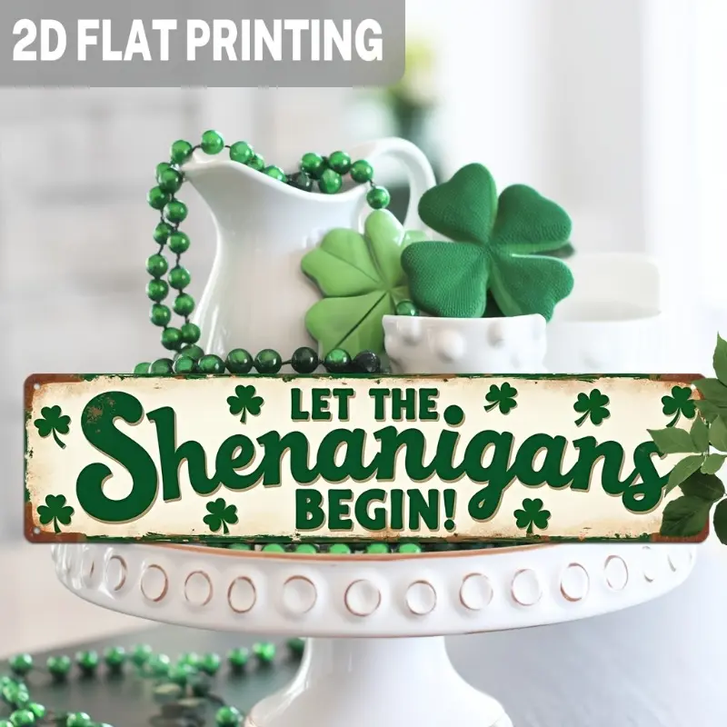 2D Vintage "Let The Shenanigans Begin" Iron Metal Sign, Irish Shamrock St Patrick's Day Wall Decor, Retro Plaque for Home, Bar Hanging Use