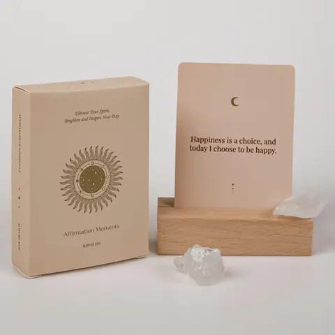 Affirmation Moment Positive Affirmation Cards, 1 Set 53 Daily Motivational Card Positive Message Card with Wooden Display Stand and Artificial Crystals, Boost Inner Confidence, Achieve Goal, Mindfulness Inspirational Meditation Card