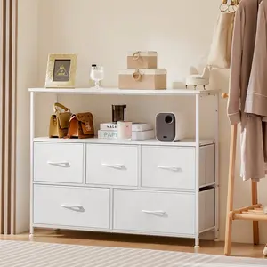 5-Drawer Dresser TV Stand, Fabric Storage Chest with Wood Top and Metal Frame, Organizer Unit for Living Room, Bedroom, Entryway