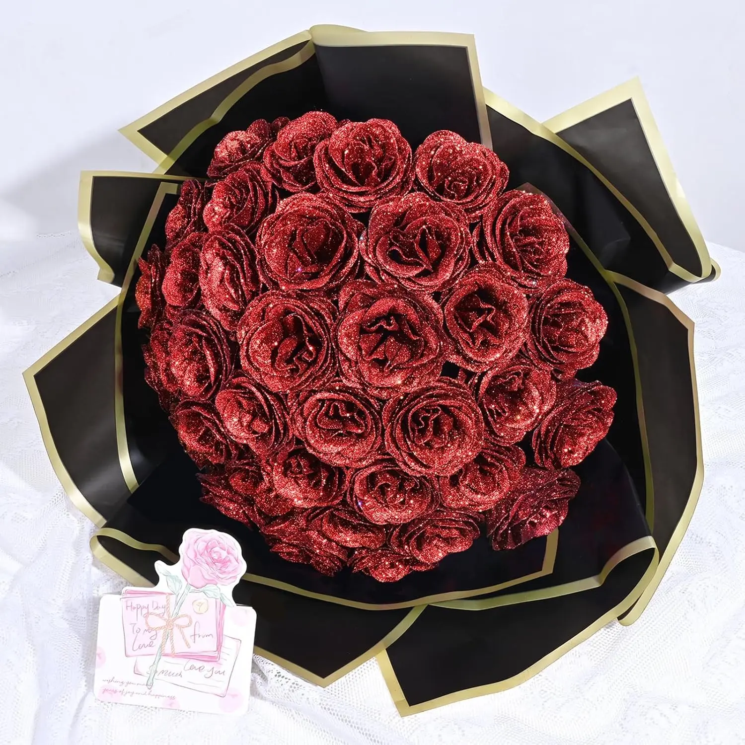 Glitter Roses Bouquet – 24 Pcs DIY Red Artificial Roses – Gift for Mom Wife Grandma Girlfriend on Birthday Valentine’s Day Anniversary Graduation