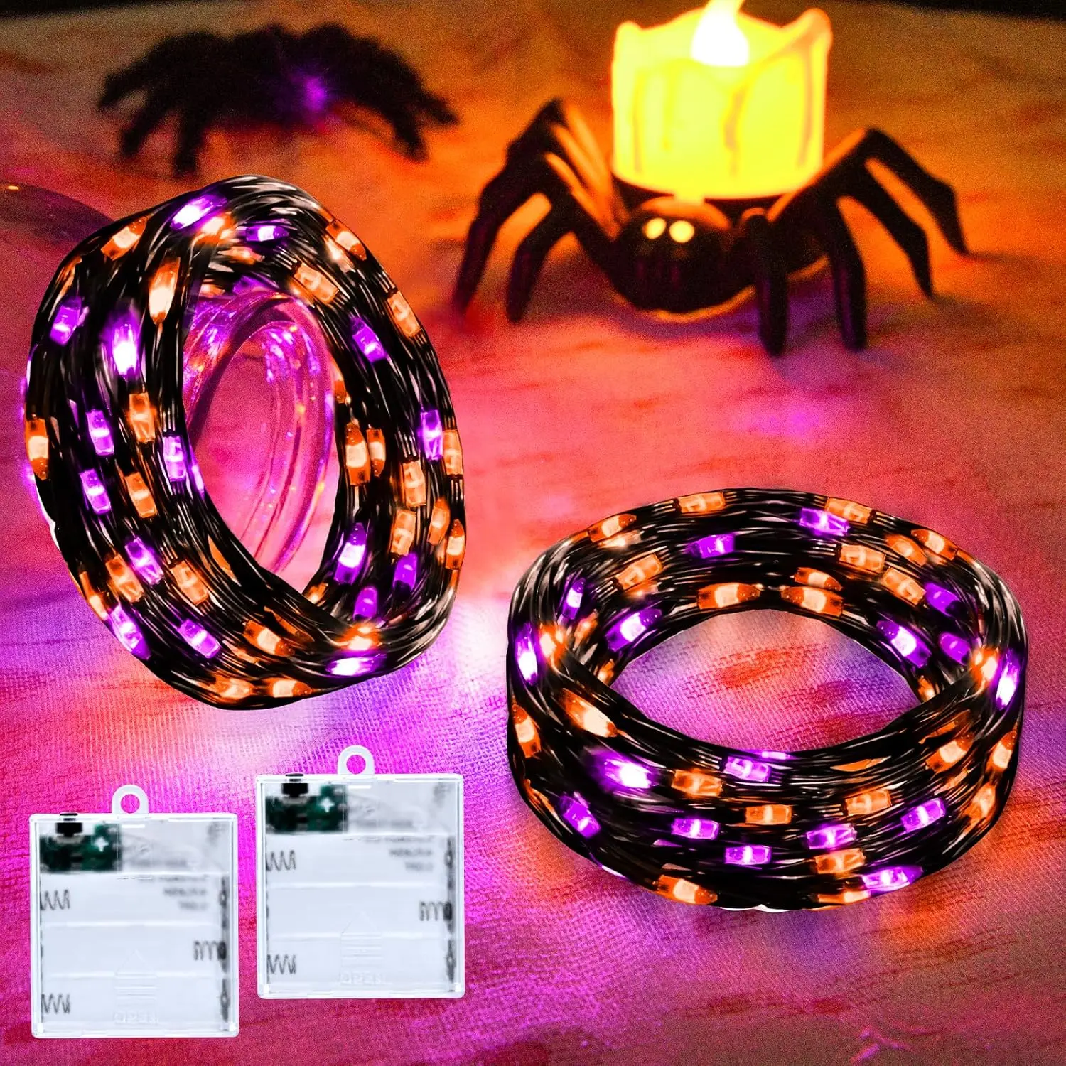 Orange and Purple Fairy Lights Battry Operated with Timer, Halloween String Lights for Outside 16.4ft 50LED Indoor Outdoor Halloween Decorations Garland Party Patio Garden Yard 2 Packs