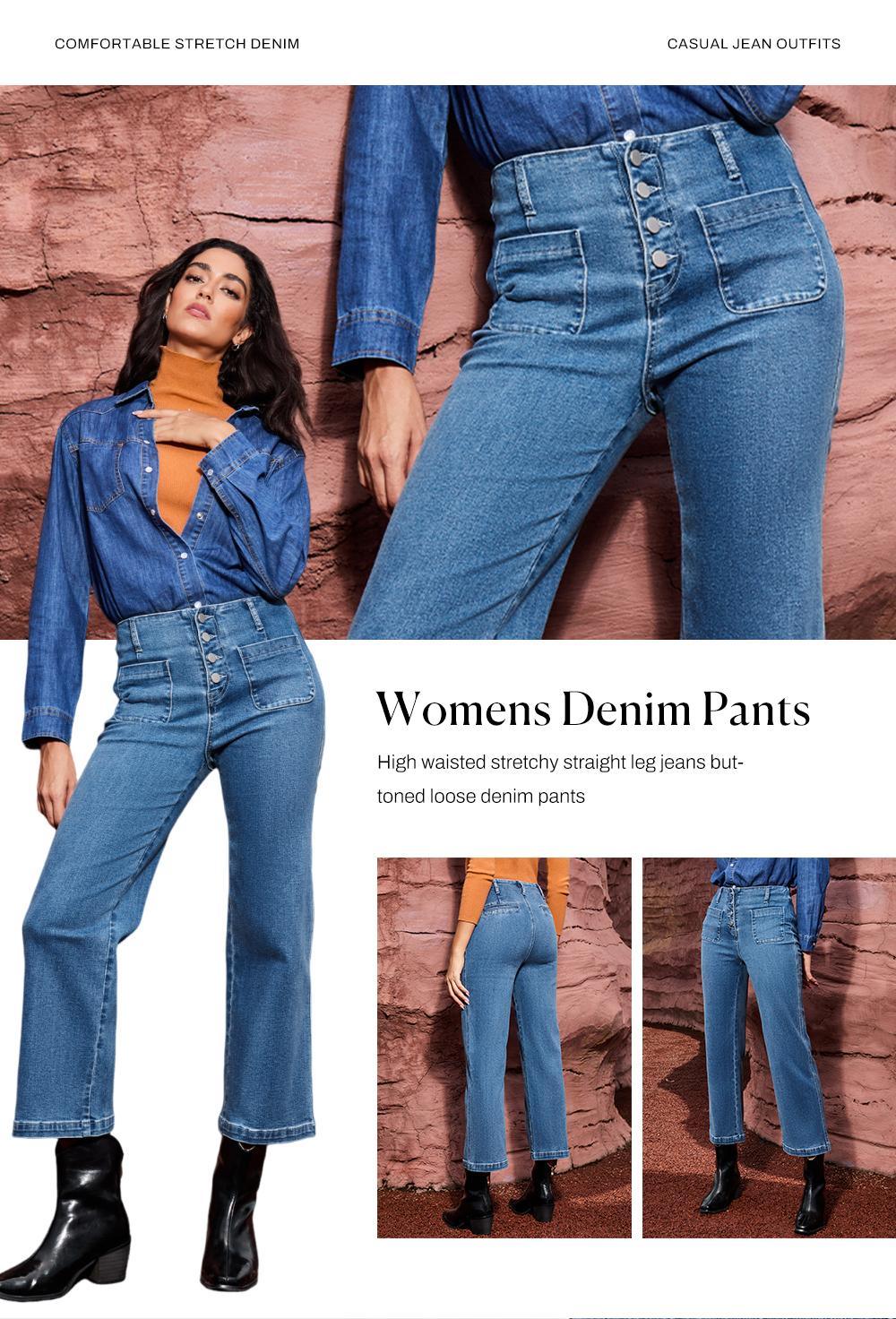 Sidefeel Women's Wide Leg Jeans High Waisted Zimbaplatinum Stretchy Straight Leg Jeans Buttoned Loose Denim Pants with Pocket