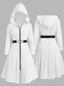 Women's Fashion Hooded Casual Belted Long Coat, Jackets, Plaid Pattern, Fitted Style, Long Sleeve, Winter Wear, Perfect for Daily Use