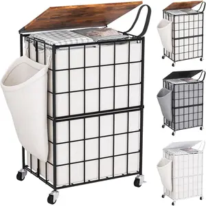 90L Laundry Basket with Wheels, Large Capacity Laundry Hamper with Removable Liner Bags, Duty Laundry Sorter with Wood Lid & Handles, Beige