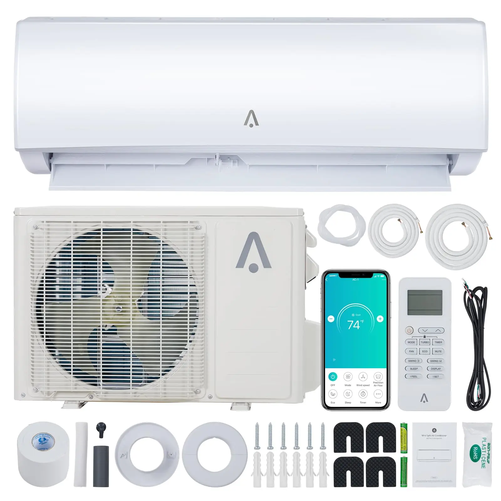 18000 BTU Wifi Ductless Mini Split AC, 21 SEER2 R454B Inverter Heat Pump, 208-230V Pre-Charged Condenser with Installation Kit, Up to 1250 Sq.Ft
