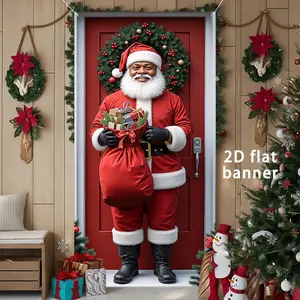 Happy Christmas Door Banner, African Santa Claus Design, Durable Polyester Fabric, Indoor Outdoor Decoration, 35.4x70.8 Inches, Hanging Decor