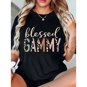 Women’s Blessed Gammy Leopard Print T-Shirt – Casual Family Event, Mother’s Day Grandma Gift Top 100% Cotton T-shirt