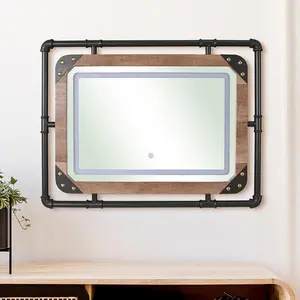 24/7 Shop At Home Inyo Industrial Metal LED Light Wall Mirror for Bathroom, Living Room, Bedroom Vanity Wall Mount Mirror Decor Steel