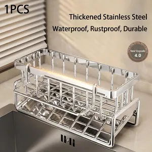 Stainless Steel Sink Organizer Rack, Simple Style Creative Kitchen Wall Mount, Water Drain Sponge Holder, No Drilling Storage Shelf