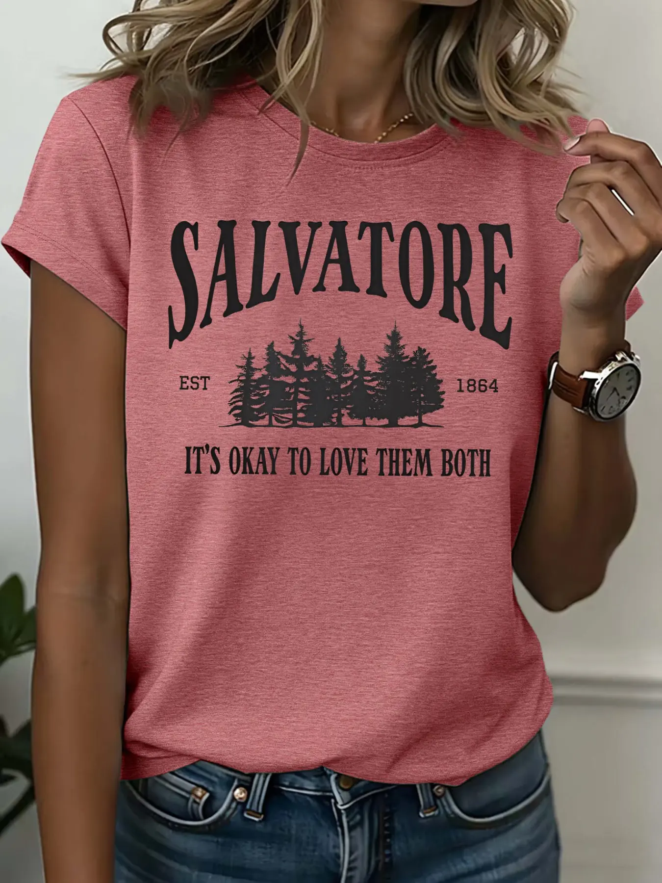 Vampire Diaries Inspired Salvatore Women's Soft cotton Fabric T-Shirt, Vintage Casual Fashion Round Neck Short Sleeve Graphic Print, Spring Summer Top