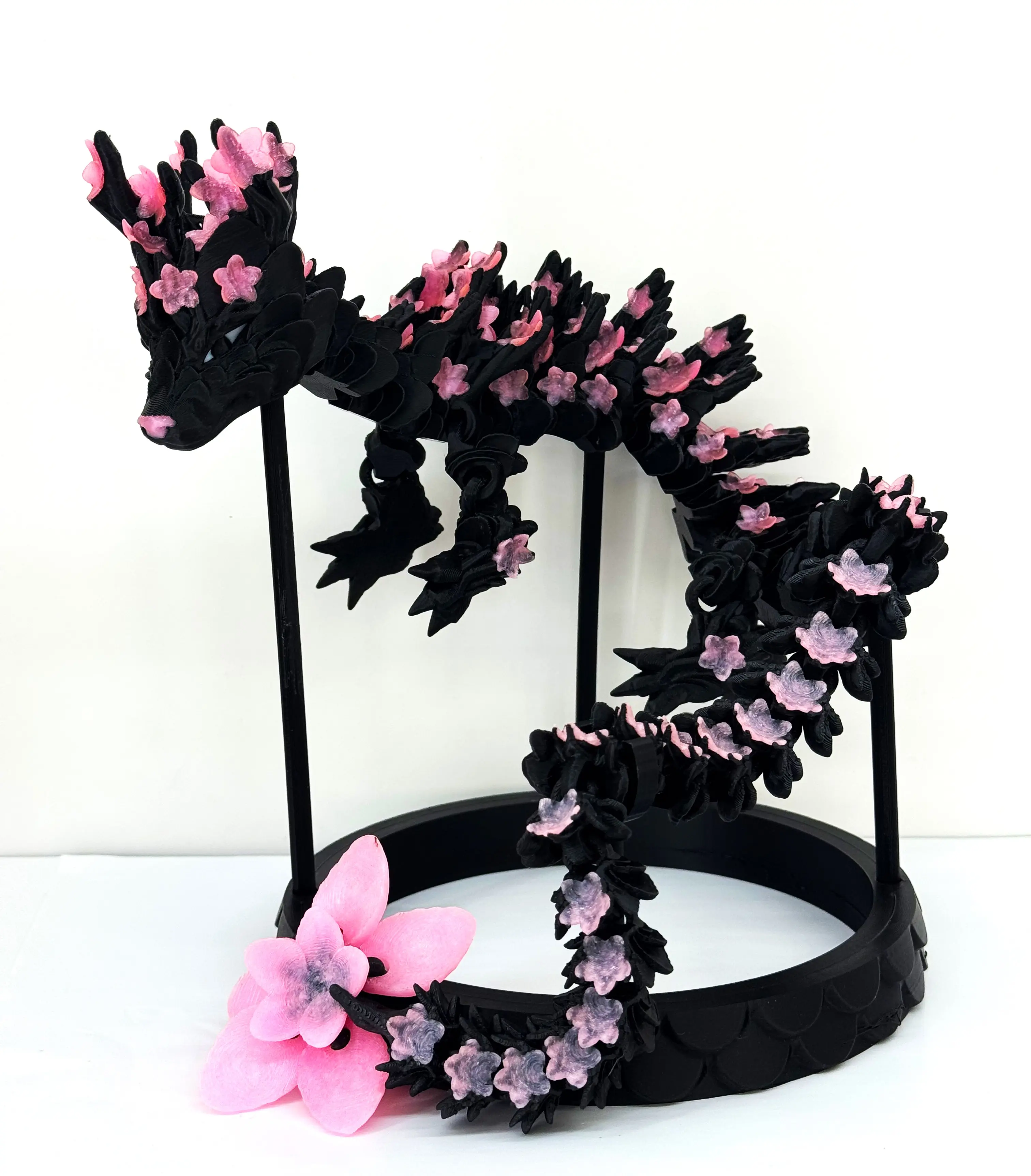 24" Articulated Cherry Blossom Dragon with Stand, 3D Printed Black and Pink Dragon Fidget ADHD Autism Toy Magical Nature Ornaments