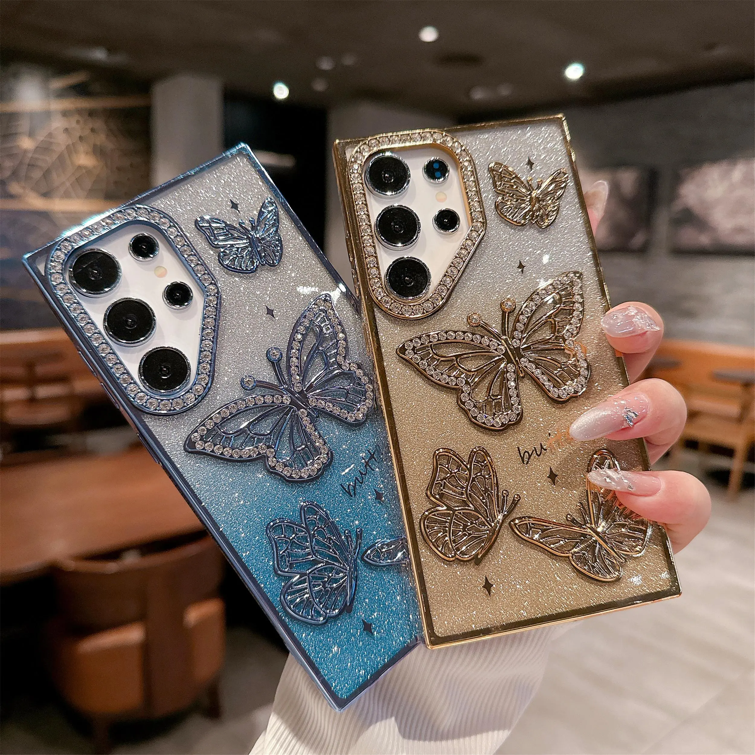 Fin Luxury Stylish TPU Bling Diamond Butterfly Phone Case for Samsung S25 Ultra, S24 Plus, S23, S22, A16, A26 - Protective, Shockproof, Slim, Soft Glitter Cover, Soft Cover