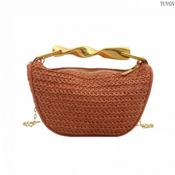 Women's Lightweight Woven Straw Crescent Crossbody Half Moon Bag - Casual Rattan Design, Wavy Metal Handle, Detachable Chain Strap for Beach, Gym Use, Crescent Shape