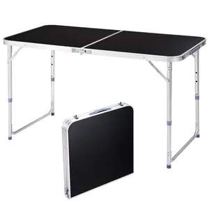 Folding Table 4ft - Heavy Duty Fold-in-Half Plastic Table with Adjustable Height, Portable Utility Tables with Steel Legs for Indoor, Outdoor, Picnic, Camping, Dining, Party