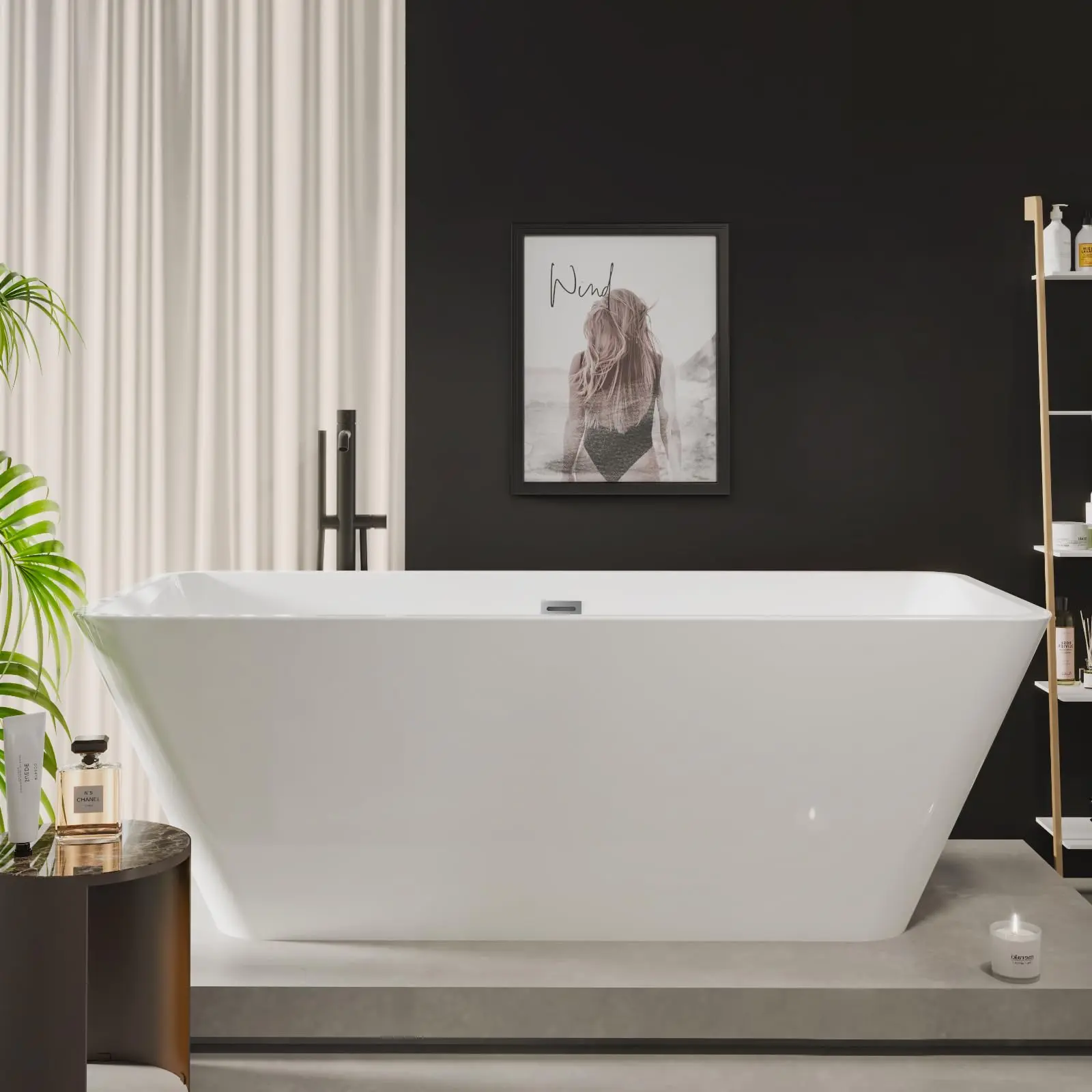 Versatile Modern Acrylic Freestanding Bathtub – 59-67 Inch Rectangular Soaking Tub, Glossy White, Black Option, Durable & Deep, Chrome Drain, Linear Overflow, CUPC Certified, Easy Installation