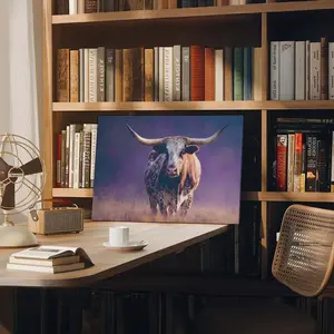 Texas Longhorn Steer In Grass Dark Brown Painting  Print, Farmhouse Wall Art, Cow Rustic Wall Art