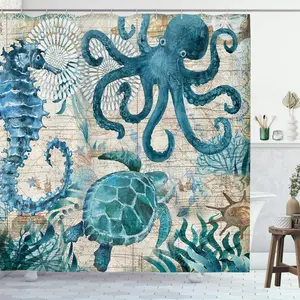 Nautical Biological Theme Shower Curtain Blue Ocean Sea Turtles Seahorse Beach Coral Reef Vintage Nautical Map Curtain Fabric Bathroom with Hooks Washable, Teal,72 X 72 Inch