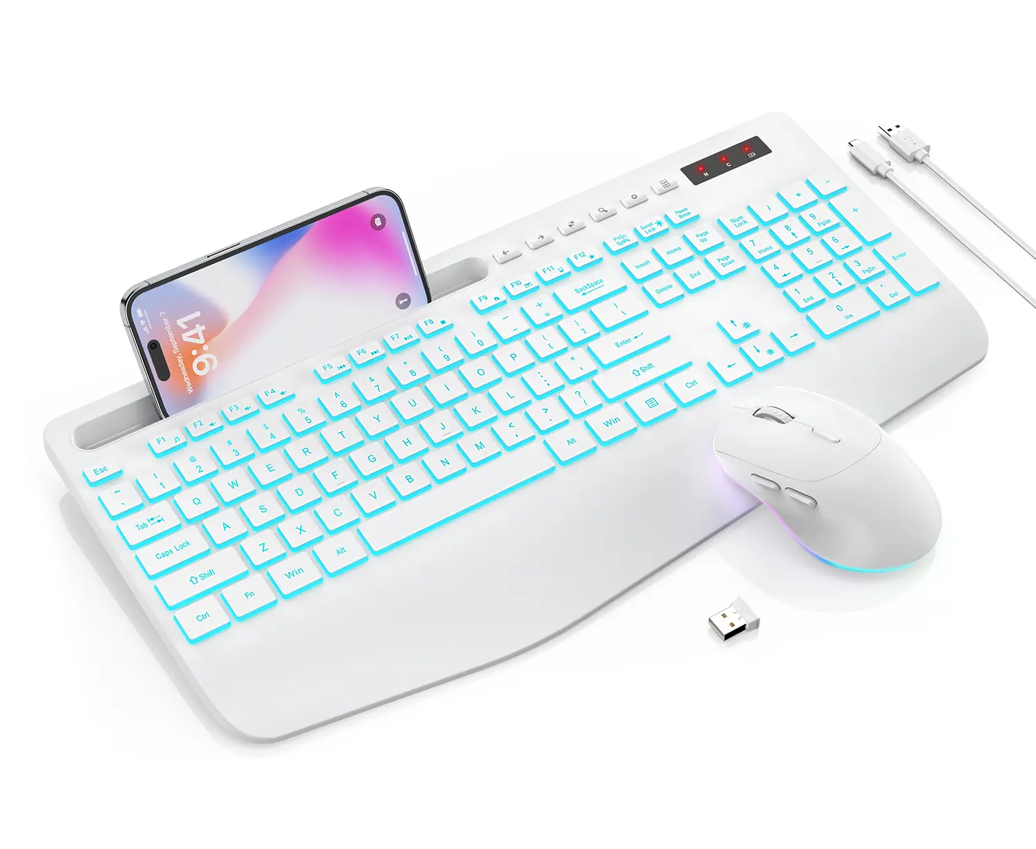 SABLUTE KM22Max 2.4G Lag-Free Rechargeable Silent Wireless Keyboard and Mouse Combo - 7 Backlit Effects, Wrist Rest, Phone Holder, Ergonomic Design for Computer, Laptop (Mac, Windows Compatible, Non-Bluetooth)