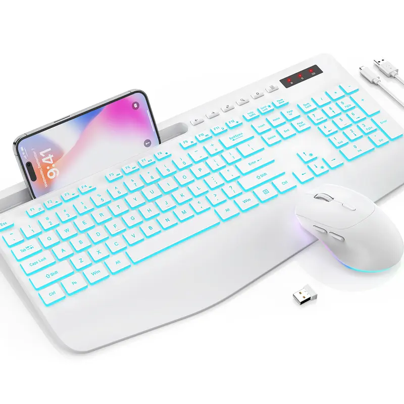 SABLUTE KM22Max 2.4G Lag-Free Rechargeable Silent Wireless Keyboard and Mouse Combo - 7 Backlit Effects, 2.8" Wrist Rest, Phone Holder, Adjustable Ergonomic Design, Batteries Included, for Computers, Laptops (Mac, Windows Compatible, Non-Bluetooth)