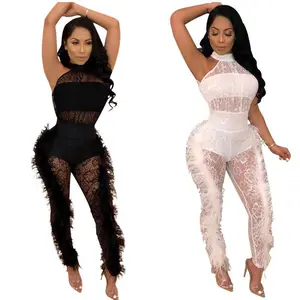 European and American summer solid color feather side jumpsuit