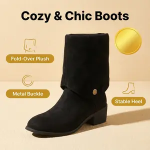 Women's Pointed Toe Ankle Boots & Fold Over Mid Calf Knee-High Boots, Winter Womensfashion Shoe, Chunky Heel Boots for Women, Stylish Functional Footwear, Perfect Valentine's Day Gift