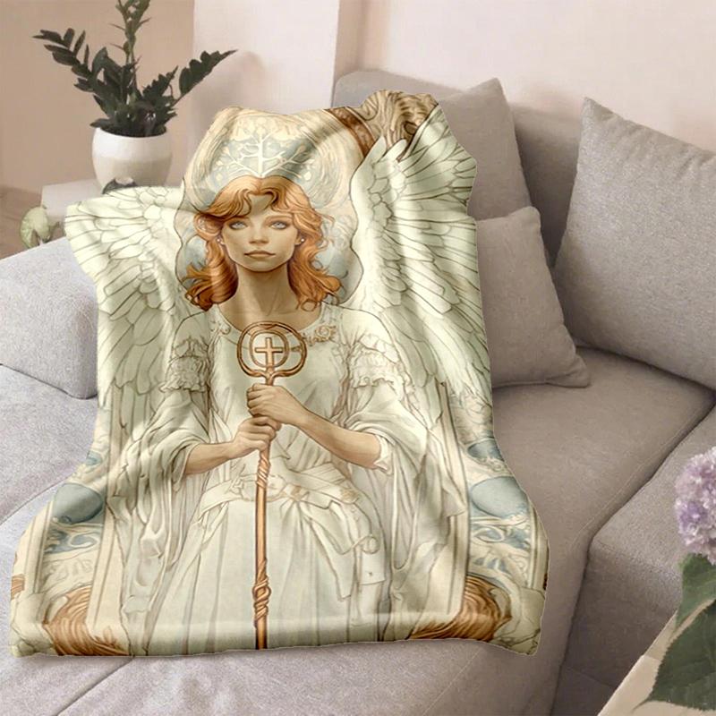 1 piece White-clad angel holding a staff, holy angel image themed flannel blanket - Oversized fluffy warm sofa blanket, flannel for beds, all-season multi-purpose, modern style, machine washable, digital print design, 100% polyester, suitable for