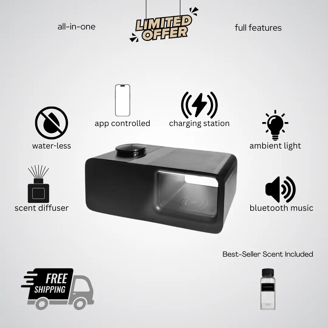 All-in-One Fragrance Diffuser - Bluetooth Music, Ambient Light, Wireless Charger 15W, App Controlled, Scents Up to 500 SF