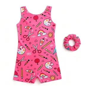Girls Rose Red Sleeveless Gymnastics Outfit,Comfortable Athletic Stretch Bodysuit with Scrunchie for Dance, Tumbling & Gym Class