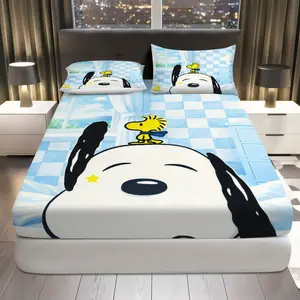 3Pcs  Dog Sky Blue Fitted sheet Three Piece Set (1*Fitted Sheet+2*Pillowcases, Coreless), Holiday theme, Cozy Soft Bedding Set, Mattress Protector Soft, Breathable