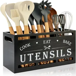 Extra Large Black Wood Utensil Holder Organizer Farmhouse Kitchen Decor Cutlery Spatula Holder Silverware Caddy Wooden Cooking Utensils Holder for Kitchen Countertop Utensil Crock Spoon Tools Holder Racks Decorative
