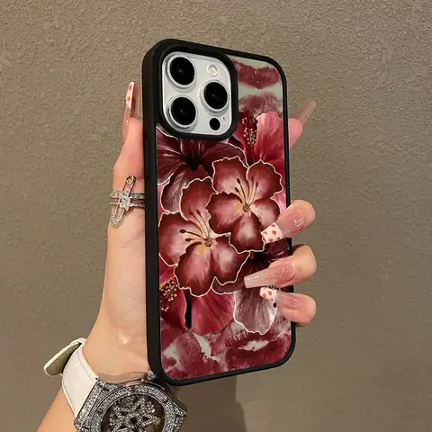 MagSafe-Ready TPU Magnetic Soft Cover for iPhone 11-17 Pro Max, Burgundy Flowers Art Design, Lightweight, Anti-Drop, Durable, Girly Chic Aesthetic Mobile Phone Accessory