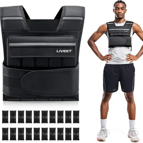 Liveet Tear-Resistant Adjustable Iron Sand Weighted Vest - 20lb/30lb/45lb/60lb with Removable 30lb Sandbags, Reflective Strips, Even Weight Distribution for Men’s Core Strength, Heavy-Duty Training, Gym Rat Gifts