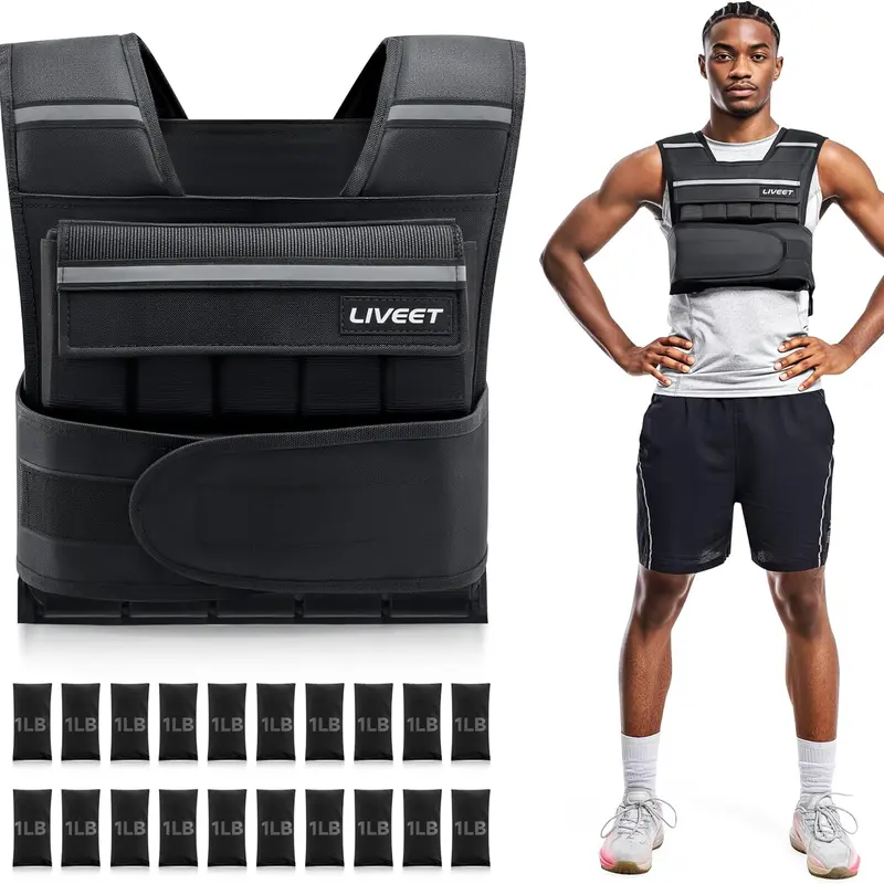 Liveet Tear-Resistant Adjustable Iron Sand Weighted Vest - 20lb/30lb/45lb/60lb with Removable 30lb Sandbags, Reflective Strips, Even Weight Distribution for Men’s Core Strength, Heavy-Duty Training, Gym Rat Gifts